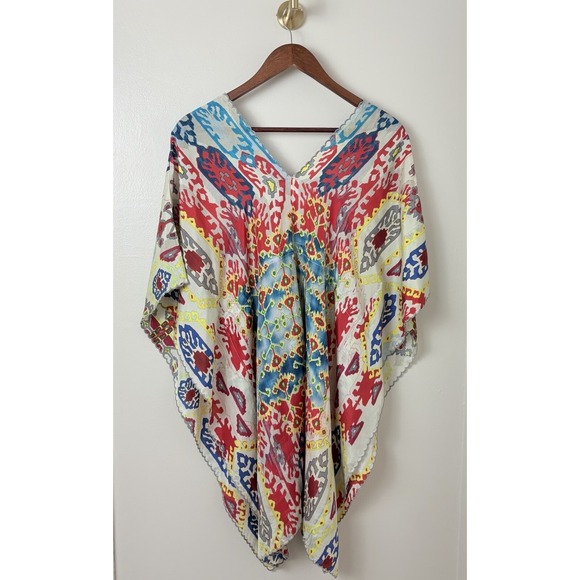 Johnny Was Silk Kaftan Cover Up Colorful Geometric XS Oversize Beach Layer Fun - Picture 5 of 12